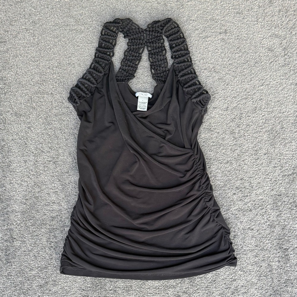 Cache Black Ruched Draped Tank Top Macrame Braided Racerback Small